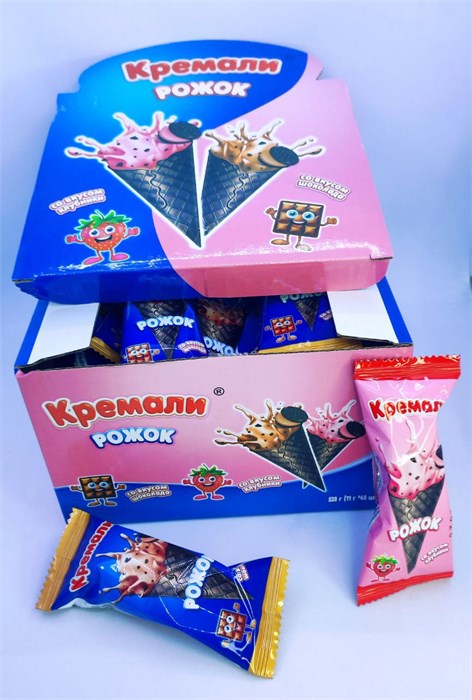 Вафельный шоколадный рожок с клубничной и шоколадной начинкой Кремали®, 11 гр. 48 шт. уп. 02744