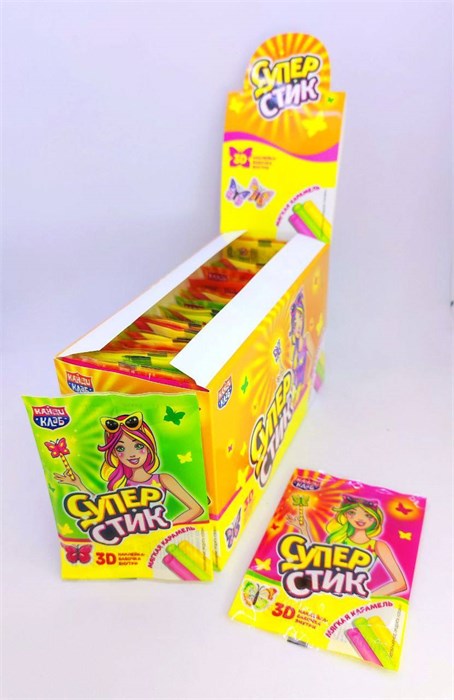 Мягкая карамель с игрушкой "Супер Стик с 3D наклейкой" (бабочки) 5 гр. 48 шт. уп. 02567