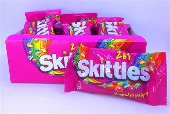 "Skittles 2в1" драже 38 г. 12 шт. уп. 01334