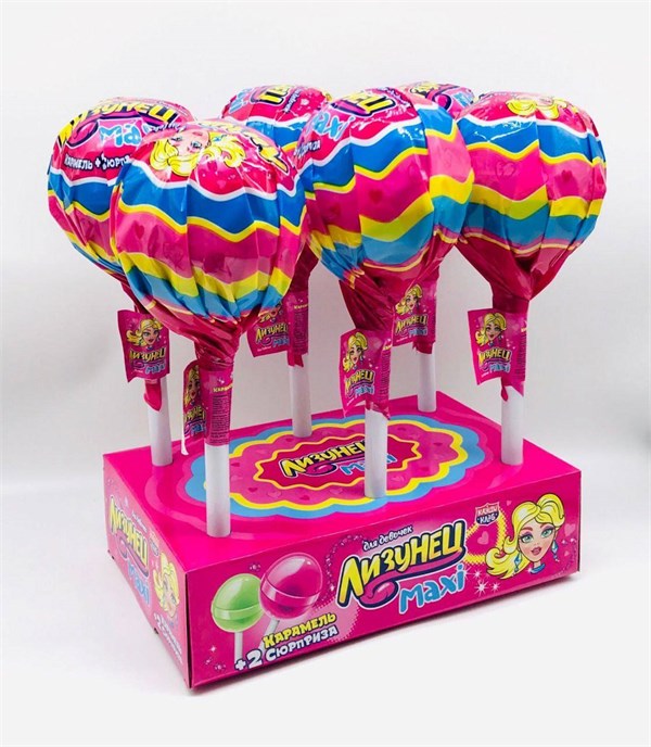 Лизунец MAXI. Карамель на палочке с жевательной резинкой и подарком в наборе (для девочек) 125 гр. 02944